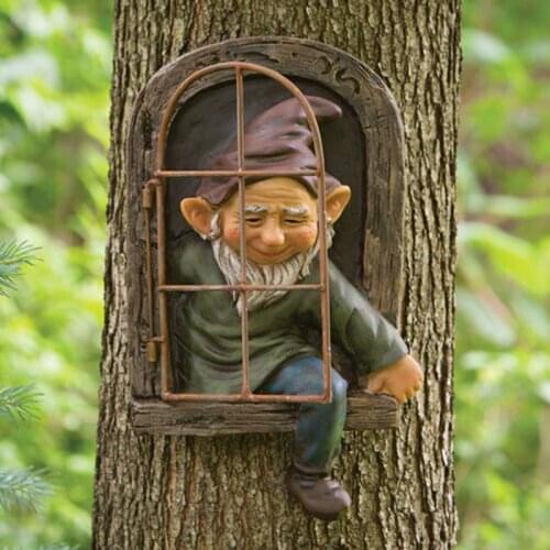 Gnome Leave The Window Whimsical Tree Sculpture Garden Decoration Mini Garden Gnome indoor Outdoor Ornament FP8