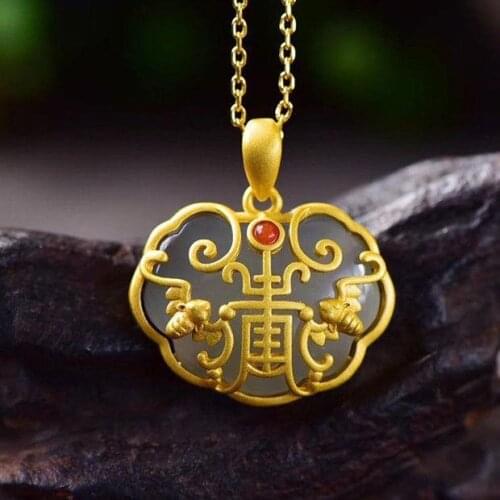 Natural Hetian Smoky Gray Ruyi Inlaid S925 Sterling Silver Ancient Style Thick Gold Pendant Female Fu Lu Shou Picture Color Rete