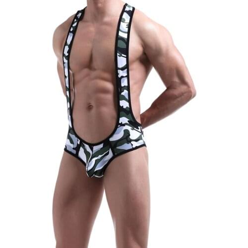Camouflage Men Sexy Bodysuit Snake Skin Print Underwear Wrestling Singlet One Piece Leotard Suspender Undershirt Exotic Briefs