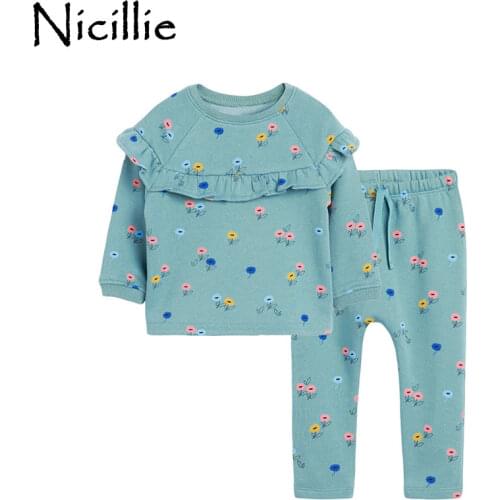 Nicillie Baby Girls Clothes Set Autumn Winter Ruffles T-shirts+Pants Elegant Children Party Wear Floral Kids Clothing 2pcs Suit