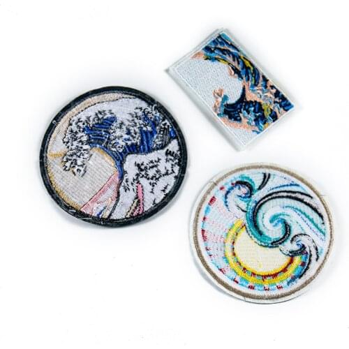 Japanese style circular ocean wave sunrise 3D embroidery DIY decoration clothes ironing patch on T-shirt for fashionable men