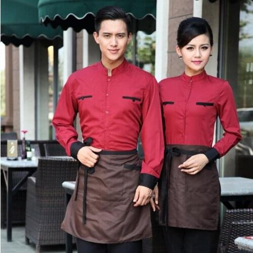 Restaurant Waitress Jacket Work Clothes Fast Food Shop Hotel Women Long-sleeved Uniform Dining Catering Waiter Overalls H2362