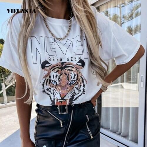 Fashion Retro Tiger Print Women T Shirts Summer Sexy O Neck Short Sleeve Pullover Top Casual Letter Pattern Tee Shirt Streetwear