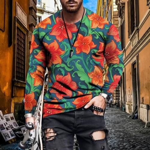 Spring And Autumn Men New Fashion Printing T-Shirt Retro Flower Leisure Fashion 3D Printing Mens Long-Sleeved