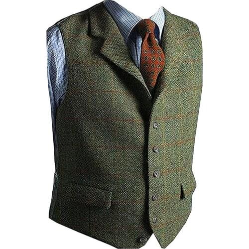 Mens Vest Green Vest Tweed Wool Waistcoat Slim Fit Lapel Plaid Suit Vest Herringbone Tweed Tuxedo Vest 2020 for wedding custom