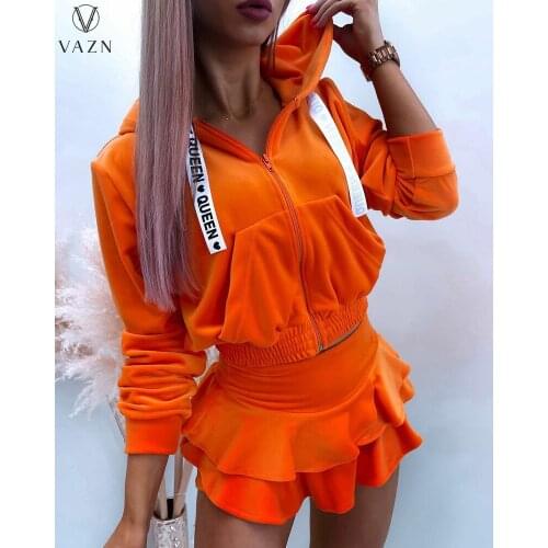 VAZN 2021 Women Fashion New Street Girl Style Sets Long Sleeve Hooded Collar Top Elastic Mini Short Skirt Pure Color Dress Sets