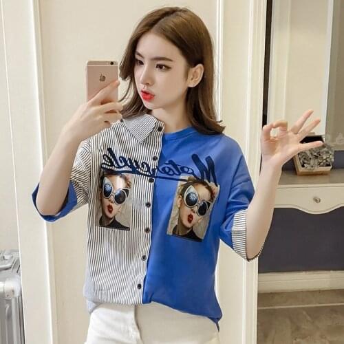 2021 New Patchwork Shirt Women Fashion Print Splice Stripe Shirts Loose Plus Size Short Sleeve Tops Female Casual Summer Shirt