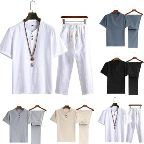 Solid Color Casual Outfit Chinoiserie Two Piece Short Sleeve Shirt Drawstring Pants Set Clothing Set