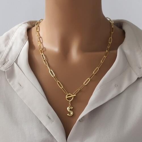 Toggle Clasp Letter Initial Necklace For Women Capital A-Z Alphabet Gold Chain Necklaces Thick OT Buckle Choker Hip-Hop Jewelry