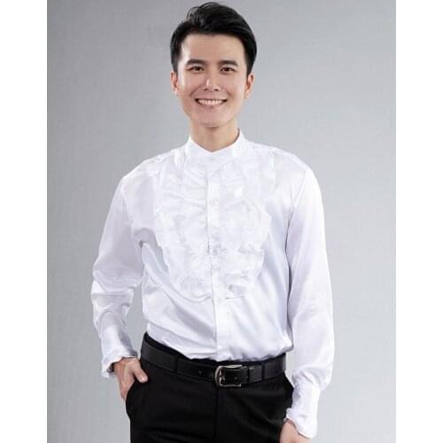 Popular Pleats Shirt Custom Made Any Colors Elastic Silk like Satin Men Wedding Groom Shirts Bridegroom Slik Shirt For Men CS14