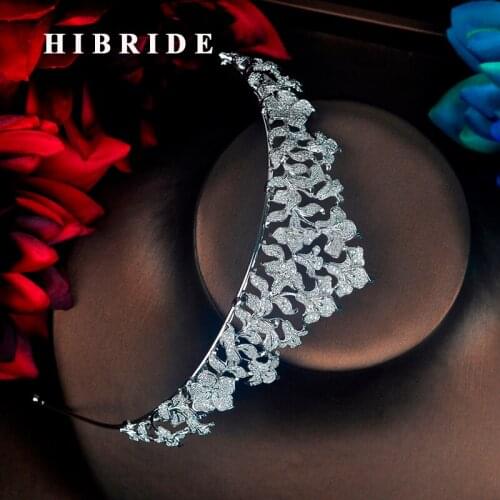 HIBRIDE Luxury Micro CZ Pave Plant Pageant Multicolor Flower Crown Bridal Hair Accessories Women Tiara Jewelry Party Gifts C-76