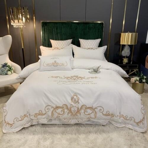 Luxury Gold Embroidery 60S Sanding Satin Egyptian Cotton Bedding Set Duvet Cover Fitted Sheet Bed Sheet Pillowcases Home Textile