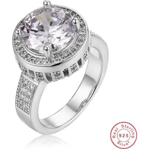 Luxury 100% Real Solid Silver Rings Round Natural Crystal 8mm 3ct Simulated Diamond Engagement Wedding Ring For Women Jewelry