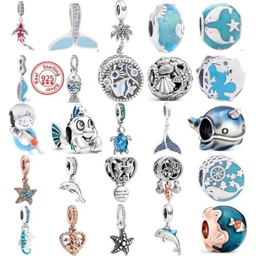 Summer New Glass Turtle Starfish Sea Horse 925 Silver Charm Bead Fit Original Pandora Bracelets DIY Ocean Series Jewelry