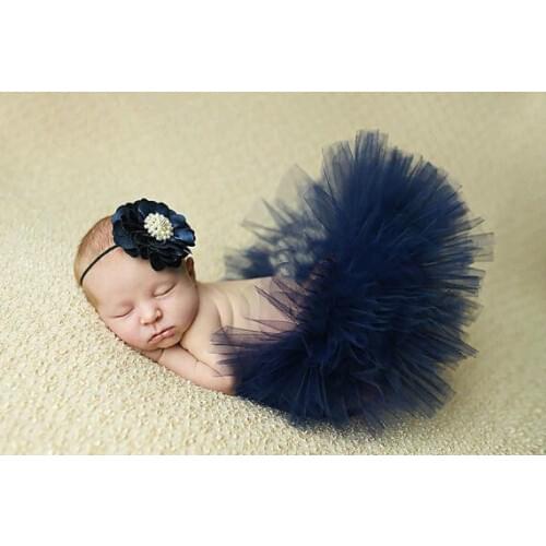 Navy blue Newborn Tutu Skirt With Matching Vintage Style Flower Headband Stunning Newborn Photo Prop Girl Tutu Skirt