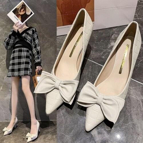 LLOGAI Spring Women Fashion Pumps Female Designer Butterfly Knot High Heels Ladies Soft Pointed Toe PU Leather Shoes Moccasins