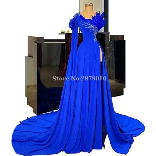 Turkish Kaftans Elegant Royal Blue A-Line Evening Dress Floor-Length Slit Prom Dress Robe De Soiree Aibye Vestido de festa Dubai