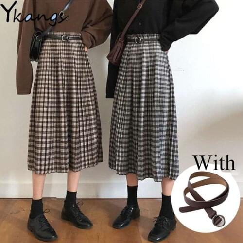 Vintage Plaid Pleated Long Skirts Winter Women Punk Rock Korean Woolen Skirt With Belt Winter Streetwear High Waist Midi Skirt