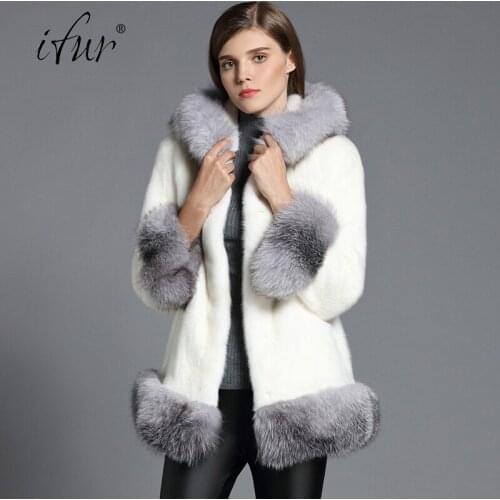 2017 Brand luxury women natural mink fur jacket long style With Fox fur edge elegant sashes lady high quality winter fur coat