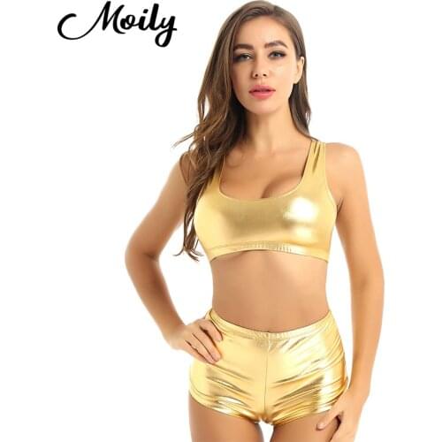 Womens Girls Shiny Metallic Dance Racer Back Crop Top Hot Shorts Fitness Sports Gym Outfit Rave Dancewear U Neck Sleeveless Sets