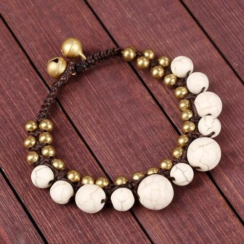 European and American Bohemian Style Semi-precious Stones Womens Bracelet Wax Thread Hand-woven Copper Beads Female Bangle