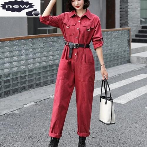 Safari Style Women Jumpsuit Fashion Long Sleeve High Waist Trousers Overalls Autumn Street Cargo Jumpsuits Female Casual Rompers