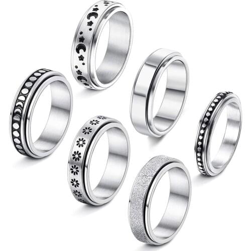 6mm Women Stainless Steel Fidget Spinner Anxiety Rings New Trend Pattern Flower Moon Star Stress Relieving Accessories Jewelry