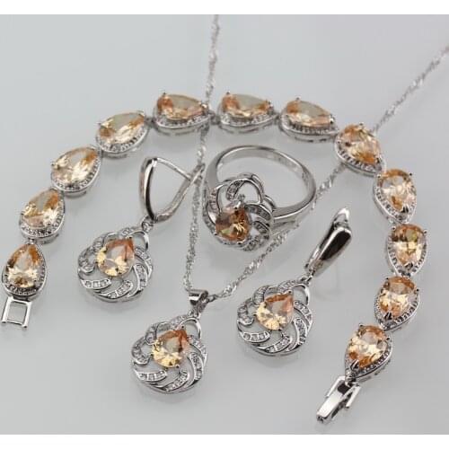 Unique Water Drop Champagne Cubic Zirconia Silver Color Jewelry Sets For Women Fashion Party Costume Sets