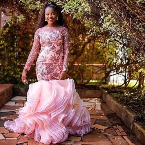 Nigerian Pink Mermaid Evening Dresses With Long Sleeves Sequined Appliques Ruffles Train Plus Size Prom Dress Aso Ebi Party Gown
