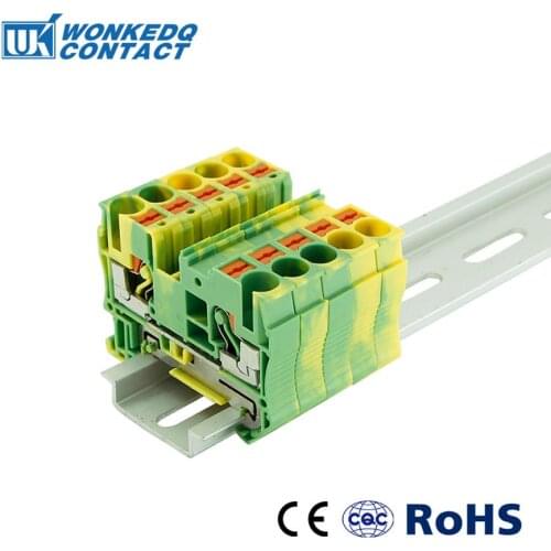 Din Rail Terminal Block 10Pcs PT-6PE Ground Spring Feed Through Connection Push In Screwless Wire Conductor PT6-PE