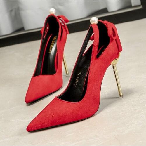 2020 Bow Women Shoes Pointed Toe Pumps Dress Shoes High Heels Boat Shoes Wedding Shoes tenis feminino with Hollow Suede Stiletto