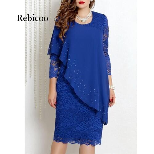 Large Size Dress Solid Color Lace Dress Elegant 3/4 Sleeve Slim Plus Size Dress Casual Chiffon Party Dress