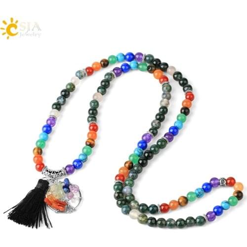 CSJA 7 Chakra Bracelet Multilayer Healing Natural Stone 108 Elastic Beads Life of Tree Tassel Bracelets Meditation Bangles G775
