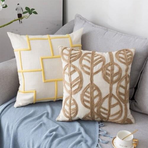 Nordic Style Retro Linen Throw Pillow Case Woven Embroidered Vintage Leaves Pattern Decorative Square Cushion Cover