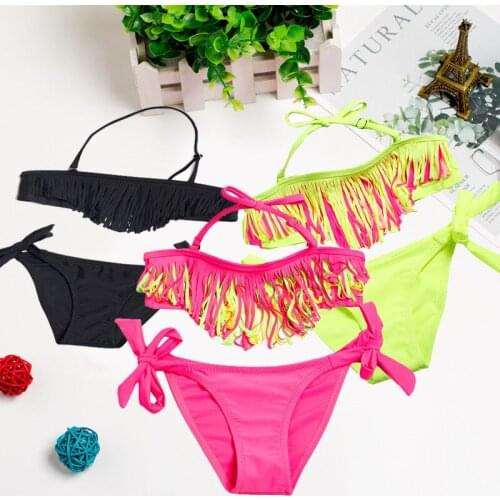 Girls Kids Bikini Set Swimwear Halter Bandage Tassel Backless Tops Low Waist Shorts Swimsuit Swimming Costume Age 5-14Y
