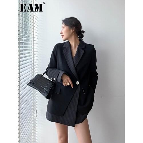 [EAM] Women Black Striped Split Big Size Blazer New Lapel Long Sleeve Loose Fit Jacket Fashion Tide Spring Autumn 2021 1X583