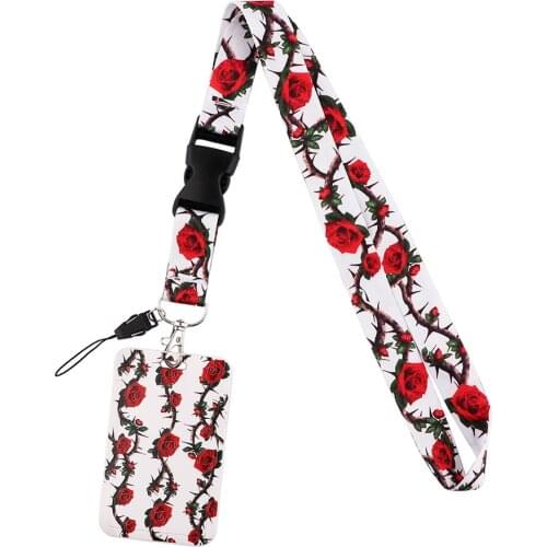 ER477 Thorny Red Roses Buckle Lanyard ID Holder Car KeyChain ID Card Pass Gym Mobile Phone Badge Key Ring Holder Jewelry