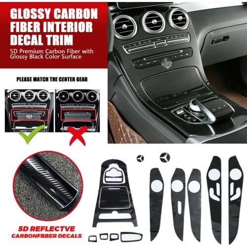 Glossy Carbon Fiber Interior Decal Stickers Trim Central control panel protective film For Mercedes-Benz C200 C300 GLC 2015-19