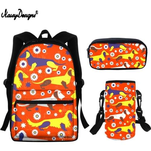 NOISYDESIGNS Teenagers Girls Boys School Bags Set Cartoon Dachshund Print Backpack and Kettle Cover Pen Case Durable Campus Bags