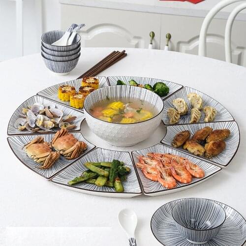 9 Pcs Platter Combo Ceramic Plate Set 8 Inch Soup Bowl Porcelain Tableware Underglaze Color Suitable Oven Dishwasher CZY1042