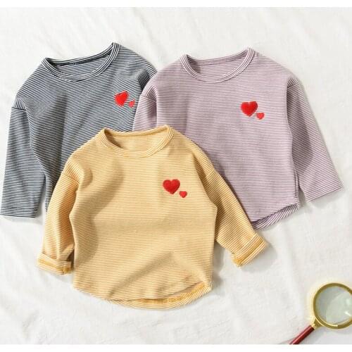 New Baby Boys T-shirt Cartoon Heart Embroidery Striped Shirt Long-sleeve Clothing Autumn Girls Tops Tees Kids Clothes Hot Sale