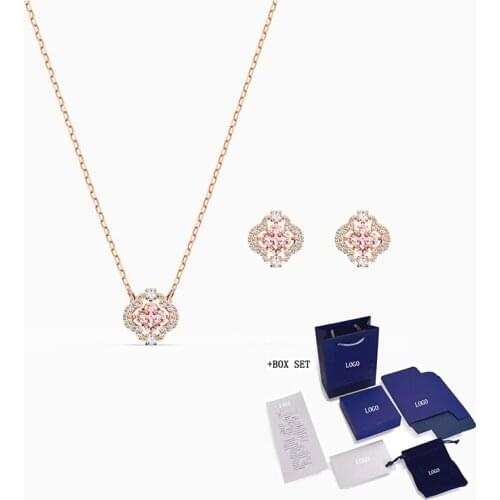 SWA New Four-Leaf Clover Clover Set Four-Leaf Clover Suspension Pink Zircon Female Fashion Birthday Jewelry Gift