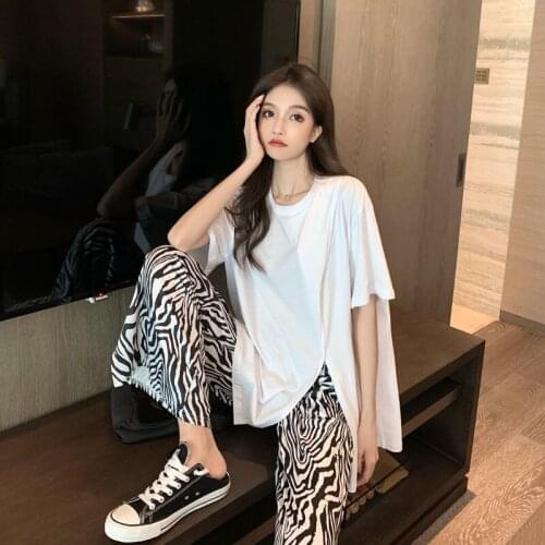 2021 Summer Sexy Girl Pajamas Set Pure Color Cotton Short Sleeve Sleepwear Zebra Print Side Slit Pants Fashion Home Wear
