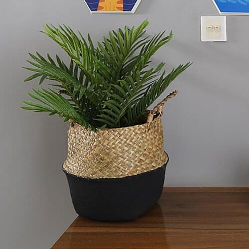 Natural Seaweed Handemade Woven Paunch Flower Basket Rural Tote Weaving Storage Basket Foldable Laundry Belly Pot Organizer Tool