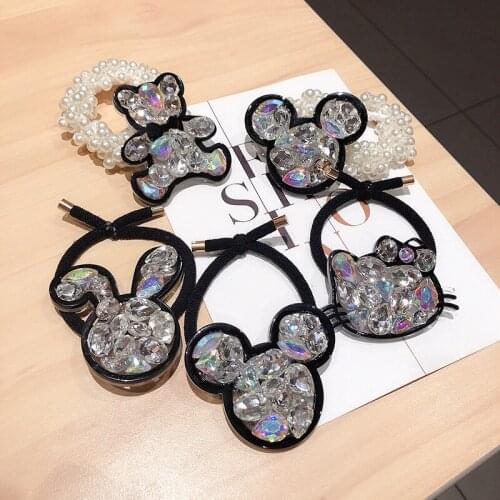 New Cute Crystal Pearl Bear Hair Ties Rope Girls Elastic Hair Band Shiny Transparent Animal Bow Ponytail Holder Hair Accessories