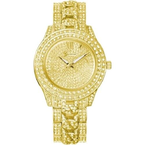 Top Luxury Golden Stainless Watch Women Rhinestone Geneva style Crystal dial Fashion wristwatch girl