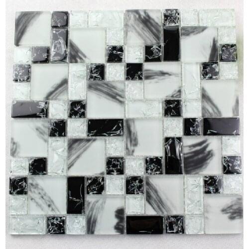 Hand Painted Black White Ice Cracked Crystal Glass Mosaic Tile for Kitchen Shower bathroom interior DIY Home Decoration