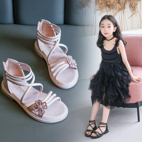 Girls Sandals Gladiator Flowers Sweet Non-slip Childrens Beach Shoes Kids Summer Fashion Rhinestone Flowers Princess Sandals