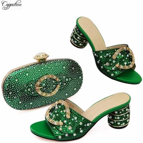Green Italian Design Women Shoes And Bag African High Heels Ladies Slippers Pumps With Purse Handbag Set Sandals CR127 5.5cm