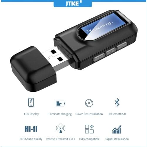 JTKE USB Bluetooth Dongle Adapter 5.0 Receiver Transmitter LCD Display Audio 3.5mm AUX Jack Stereo Adapter for Car PC TV #1845